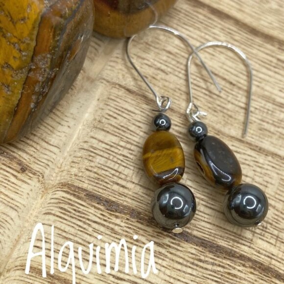 Tiger's eye and grau hematite dangle handmade earrings/fall vibes - Picture 1 of 1